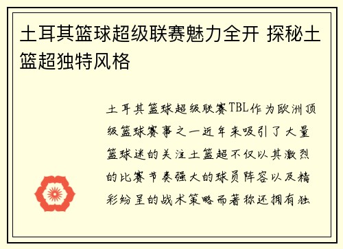 土耳其篮球超级联赛魅力全开 探秘土篮超独特风格